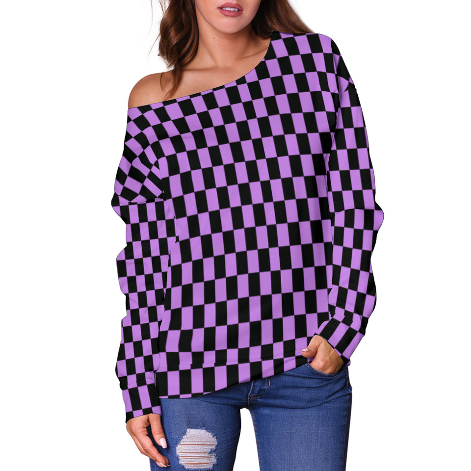 Racing Checkered Off Shoulder Sweater Purple With FREE SHIPPING!