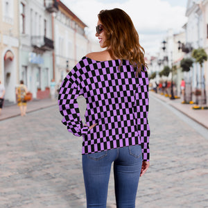 Racing Checkered Off Shoulder Sweater Purple With FREE SHIPPING!